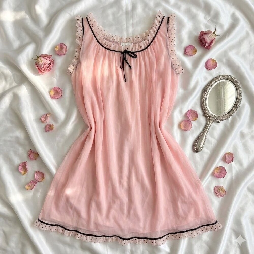 Vintage 60s Perlon Nylon Nightgown Pink Polka Dot Ruffle Babydoll Coquette L